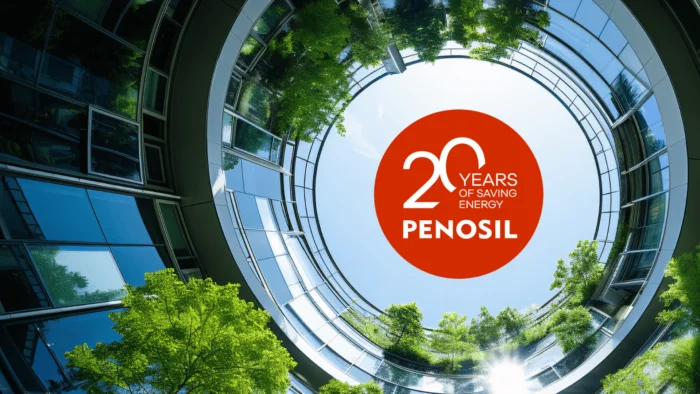 moderní budova se zelení a grafika 20 let úspor energie Penosil