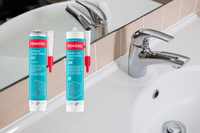 Weißes Waschbecken mit Tuben Penosil Acetoxy Sanitärsilikon und Neutrales Sanitärsilikon