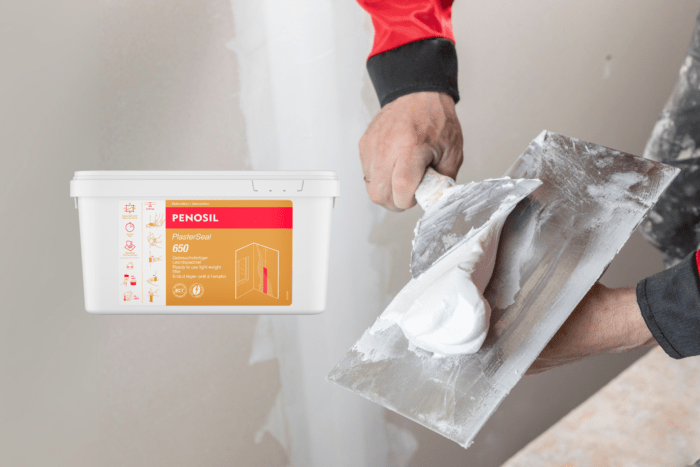 Acrylspachtel Penosil PlasterSeal 650 vor dem Hintergrund der Fugenverspachtelung von Gipskartonplatten