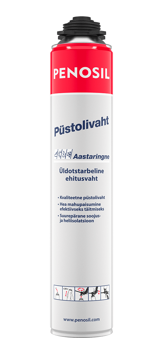 PENOSIL aastaringne Püstolivaht on ühekomponentne polüuretaanvaht pragude, vuukide, avauste ja läbiviikude täitmiseks ja tihendamiseks