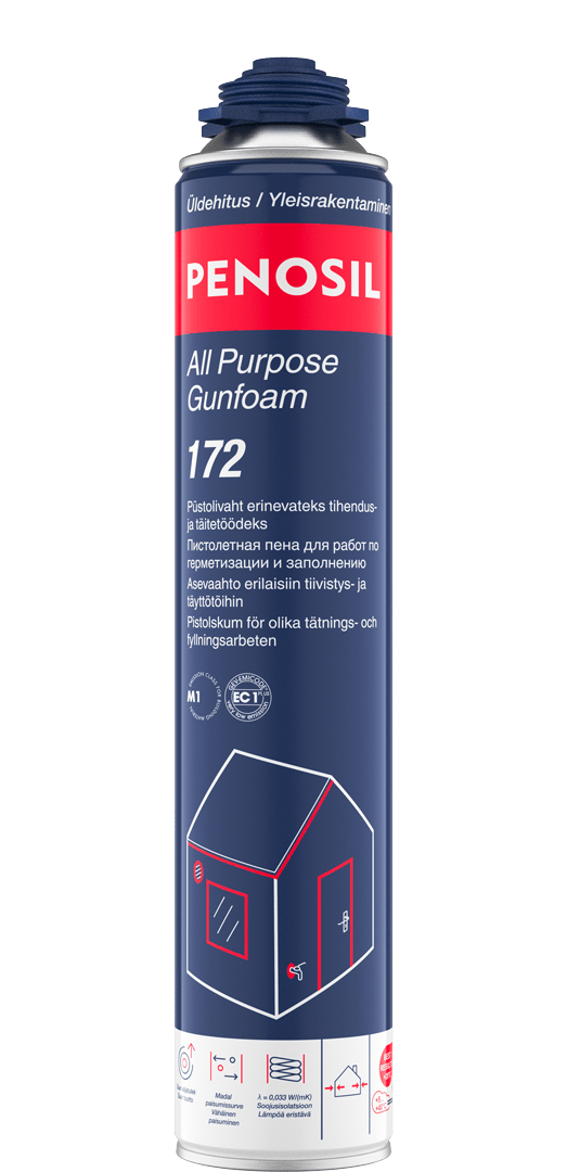 PENOSIL All Purpose Gunfoam 172 ammattikäyttöön sopiva pistoolivaahto useimpiin rakennusalan tiivistys- ja täyttötöihin.