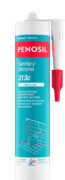 Cartouche PENOSIL Sanitary Silicone 313c, silicone acétique polyvalent pour application sanitaire. L’emballage bleu clair et rouge présente le nom du produit et ses caractéristiques principales : résistant aux moisissures, aux UV et au vieillissement, résistant aux produits chimiques ménagers, douche possible après 30 min, garde sa couleur, ne coule pas et facile d’usage. Les textes sont en français et néerlandais.