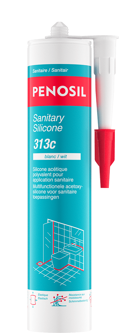 Cartouche PENOSIL Sanitary Silicone 313c, silicone acétique polyvalent pour application sanitaire. L’emballage bleu clair et rouge présente le nom du produit et ses caractéristiques principales : résistant aux moisissures, aux UV et au vieillissement, résistant aux produits chimiques ménagers, douche possible après 30 min, garde sa couleur, ne coule pas et facile d’usage. Les textes sont en français et néerlandais.