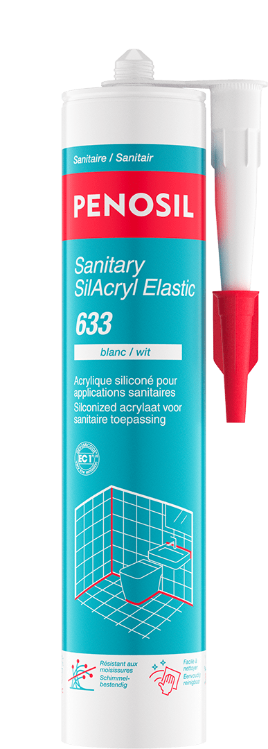 Cartouche PENOSIL Sanitary SilAcryl Elastic 633, acrylique siliconé pour les applications sanitaires. L’emballage bleu clair et rouge présente le nom du produit et ses caractéristiques principales : résistant aux moisissures, à l’eau et au vieillissement, facile à utiliser, faibles émissions de COV et ne coule pas. Les textes sont en français et néerlandais.