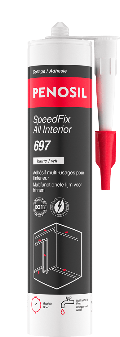 Cartouche PENOSIL SpeedFix All Interior 697, adhésif multi-usages pour l’intérieur. L’emballage noir et rouge présente le nom du produit et ses caractéristiques principales : bonne prise initiale, résistant aux UV et à l’humidité, sans solvant, peut être peint avec des peintures à l’eau et adhère bien à la plupart des matériaux de construction et de finition. Les textes sont en français et néerlandais.