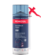 Aérosol PENOSIL NuisiBlock Foam 299, mousse pu d’isolation avec additifs répulsifs contre les insectes et souris. L’emballage bleu foncé et rouge présente le nom du produit et ses caractéristiques principales : additifs répulsifs pour insectes et souris, bonnes propriétés de remplissage et excellentes propriétés isolantes. Les textes sont en français et néerlandais.