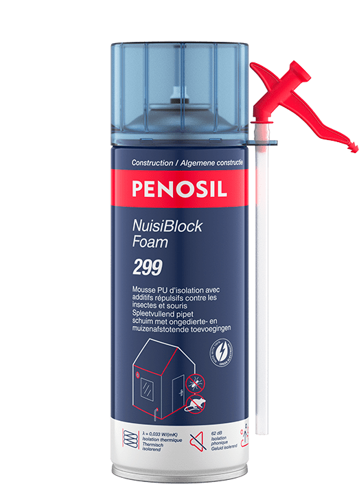 Aérosol PENOSIL NuisiBlock Foam 299, mousse pu d’isolation avec additifs répulsifs contre les insectes et souris. L’emballage bleu foncé et rouge présente le nom du produit et ses caractéristiques principales : additifs répulsifs pour insectes et souris, bonnes propriétés de remplissage et excellentes propriétés isolantes. Les textes sont en français et néerlandais.