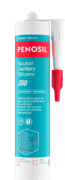 Cartouche PENOSIL Neutral Sanitary Silicone 350, silicone neutre pour les applications sanitaires et de ventilation. L’emballage bleu clair et rouge présente le nom du produit et ses caractéristiques principales : résistant aux moisissures, aux UV et au vieillissement, résistant aux produits chimiques ménagers, non corrosif pour les métaux, sans fluage et facile à lisser. Les textes sont en français et néerlandais.