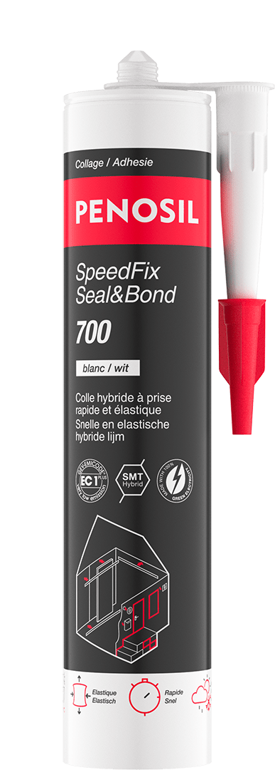 Cartouche PENOSIL SpeedFix Seal&Bond 700, colle hybride à prise rapide et élastique. L’emballage noir et rouge présente le nom du produit et ses caractéristiques principales : élasticité permanente, tack initial élevé, capacité de mouvement +/- 25% et pour usage intérieur et extérieur. Les textes sont en français et néerlandais.
