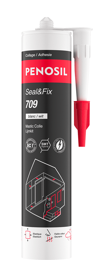 Cartouche PENOSIL Seal&Fix 709, mastic colle. L’emballage noir et rouge présente le nom du produit et ses caractéristiques principales : élastique, adapté aux joints de dilatation sur tous types de matériaux, ainsi qu’aux surfaces irrégulières, excellente résistance aux UV, au vieillissement et aux intempéries, forte adhérence sur les matériaux de construction les plus courants. Les textes sont en français et néerlandais.