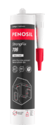 Cartouche PENOSIL StrongFix 706, adhésif hybride puissant. L’emballage noir et rouge présente le nom du produit et ses caractéristiques principales : tack initial élevé, résistant aux UV et aux intempéries, absorbe les vibrations et réduit les bruits d’impact, sans retrait au séchage, sans silicone, sans isocyanate et sans solvants et non corrosif pour les métaux. Les textes sont en français et néerlandais.
