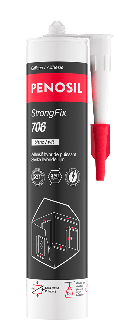 Cartouche PENOSIL StrongFix 706, adhésif hybride puissant. L’emballage noir et rouge présente le nom du produit et ses caractéristiques principales : tack initial élevé, résistant aux UV et aux intempéries, absorbe les vibrations et réduit les bruits d’impact, sans retrait au séchage, sans silicone, sans isocyanate et sans solvants et non corrosif pour les métaux. Les textes sont en français et néerlandais.