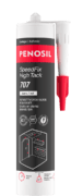 Cartouche PENOSIL SpeedFix High Tack 707, adhésif hybride rapide et puissant. L’emballage noir et rouge présente le nom du produit et ses caractéristiques principales : prise initiale extrêmement élevée, peut être appliqué sur des surfaces humides, forme une liaison solide et élastique et excellente adhérence sur une large gamme de matériaux. Les textes sont en français et néerlandais.