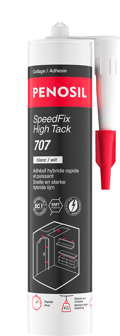 Cartouche PENOSIL SpeedFix High Tack 707, adhésif hybride rapide et puissant. L’emballage noir et rouge présente le nom du produit et ses caractéristiques principales : prise initiale extrêmement élevée, peut être appliqué sur des surfaces humides, forme une liaison solide et élastique et excellente adhérence sur une large gamme de matériaux. Les textes sont en français et néerlandais.