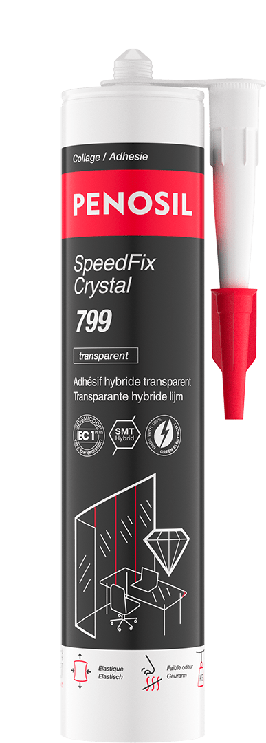 Cartouche PENOSIL SpeedFix Crystal 799, adhésif hybride tranparent. L’emballage noir et rouge présente le nom du produit et ses caractéristiques principales : transparence du verre, peut être appliqué sur des supports humides, sans silicone et sans solvant, ne provoque pas de corrosion sur les métaux et pas de retrait au séchage. Les textes sont en français et néerlandais.