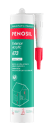 Cartouche PENOSIL Exterior Acrylic 673, mastic acrylique blanc brillant à peindre. L’emballage vert et rouge présente le nom du produit et ses caractéristiques principales : blanc brillant, pas de fluage, reste plastique, résistant aux UV, peut être peint et faible teneur en COV. Les textes sont en français et néerlandais.