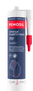 Cartouche PENOSIL Universal Seal&Fix Hybrid 711, mastic hybride polyvalent pour l’étanchéité et le collage. L’emballage bleu foncé et rouge présente le nom du produit et ses caractéristiques principales : excellente adhérence sur une grande variété de supports, résistant aux intempéries, exempt d’isocyanate et de solvants, élasticité permanente et peut être peint. Les textes sont en français et néerlandais.