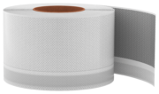 Un grand rouleau de PENOSIL Vapour Proof Full Glue Tape Internal 410, une bande pare vapeur grise avec une bordure blanche, partiellement déroulé, sur fond blanc. Une face de la bande est entièrement recouverte d’une couche d’adhésif et l’autre face d’une bande d’adhésif acrylique.