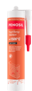 Cartouche PENOSIL HighTemp Sealant +1500°C, mastic pour cheminée et températures extrêmes. L’emballage orange et rouge présente le nom du produit et ses caractéristiques principales : résiste à des températures allant jusqu’à 1500°C après durcissement complet, dureté obtenue dès la première mise en chauffe, isole et calfeutre, sans odeur et convient pour les pierres naturelles. Les textes sont en français et néerlandais.