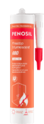 Cartouche PENOSIL Firestop Intumescent 680, produit d’étanchéité intumescent pour l’ignifugation. L’emballage orange et rouge présente le nom du produit et ses caractéristiques principales : résistance au feu (3 heures en joint linéaire et 4 heures en joint de trémie), empêche le passage du feu, des fumées et des gaz chauds et sans halogène, sans solvant et sans amiante. Les textes sont en français et néerlandais.