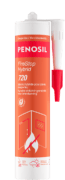 Cartouche PENOSIL FireStop Hybrid 720, mastic hybride pour joints coupe-feu. L’emballage orange et rouge présente le nom du produit et ses caractéristiques principales : haute élasticité et capacité de mouvement, non corrosif, excellente adhérence sur une grande variété de matériaux et sans silicones, isocyanates et solvants. Les textes sont en français et néerlandais.