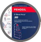 Bande PENOSIL E-band Acryl 300, mousse imprégnée auto-expansive. L’emballage bleu foncé et rouge présente le nom du produit et ses caractéristiques principales : pose rapide et facile, auto adhésif, étanchéité à la pluie battante 300Pa, isolation thermique et acoustique et étanche à l’air mais perméable à la vapeur d’eau. Les textes sont en français et néerlandais.