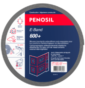 Bande PENOSIL E-Band 600+, mousse imprégnée polyuréthane auto-expansive pour les conditions météorologiques les plus extrêmes. L’emballage bleu foncé et rouge présente le nom du produit et ses caractéristiques principales : installation facile et rapide, auto adhésif, étanche à la pluie battante jusqu’à 600Pa, isolation thermique et acoustique et étanche à l’air mais perméable à la vapeur d’eau. Les textes sont en français et néerlandais.