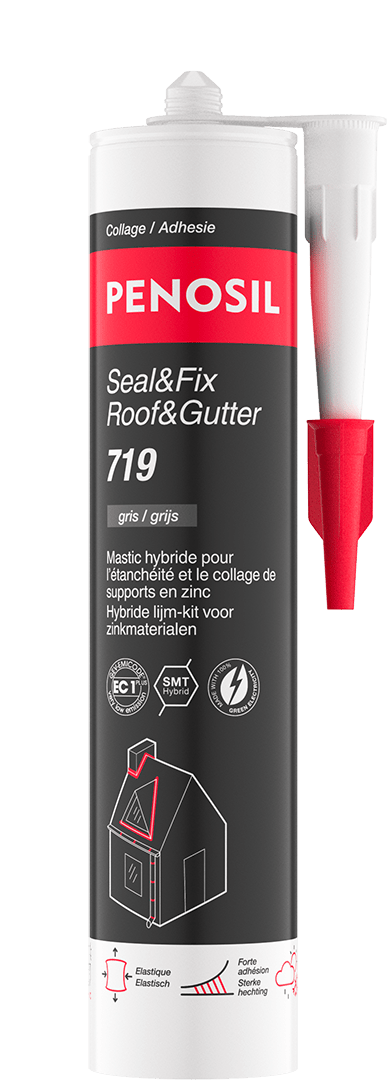 Cartouche PENOSIL Seal&Fix Roof&Gutter 719, mastic hybride pour l’étanchéité et le collage de supports en zinc. L’emballage noir et rouge présente le nom du produit et ses caractéristiques principales : élastique, adapté aux joints de dilatation sur tous types de matériaux ainsi qu’aux surfaces irrégulières, excellente résistance aux uv, au vieillissement et aux intempéries et forte adhérence sur les matériaux de construction les plus courants. Les textes sont en français et néerlandais.