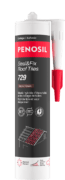 Cartouche PENOSIL Seal&Fix Roof Tiles 729, mastic hybride d’étanchéité et de collage de tuiles. L’emballage noir et rouge présente le nom du produit et ses caractéristiques principales : élastique, adapté aux joints de dilatation sur tous types de matériaux ainsi qu’aux surfaces irrégulières, excellente résistance aux UV, au vieillissement et aux intempéries, forte adhérence sur les matériaux de construction les plus courants. Les textes sont en français et néerlandais.