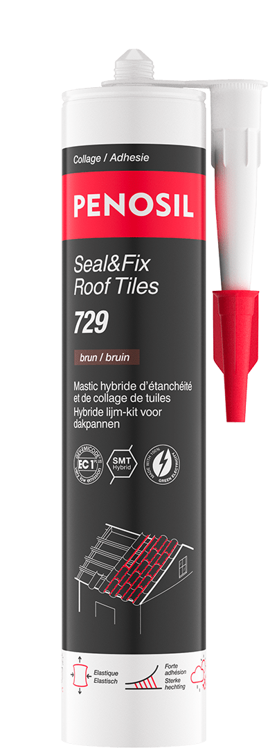Cartouche PENOSIL Seal&Fix Roof Tiles 729, mastic hybride d’étanchéité et de collage de tuiles. L’emballage noir et rouge présente le nom du produit et ses caractéristiques principales : élastique, adapté aux joints de dilatation sur tous types de matériaux ainsi qu’aux surfaces irrégulières, excellente résistance aux UV, au vieillissement et aux intempéries, forte adhérence sur les matériaux de construction les plus courants. Les textes sont en français et néerlandais.
