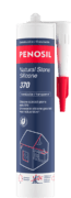 Cartouche PENOSIL Natural Stone Silicone 370, silicone spécial pierre naturelle. L’emballage bleu foncé et rouge présente le nom du produit et ses caractéristiques principales : convient avec de la pierre naturelle, durcissement rapide et facile d’utilisation. Les textes sont en français et néerlandais.