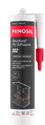 Cartouche PENOSIL Structural PU Adhesive 802, un adhésif polyuréthane en gel sans solvant. L’emballage noir et rouge présente le nom du produit et ses caractéristiques principales : adhésif solide, durable et résistant à l’eau et ne coule pas. Les textes sont en français et néerlandais.