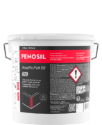 Seau de colle PENOSIL WoodFix PVA D2 628, une colle à bois PVA de haute qualité à usage universel. L’emballage noir et rouge présente le nom du produit et ses caractéristiques principales : haute résistance, temps de presse court et temps de prise court pour collage à froid et à chaud. Les textes sont en français et néerlandais.