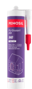 Cartouche PENOSIL PU-Sealant HM 840, mastic colle PU à haute capacité de mouvement. L’emballage violet et rouge présente le nom du produit et ses caractéristiques principales : bonne capacité de mouvement, élasticité permanente, le mastic durci peut être poncé et peint et forte adhérence sur une grande variété de supports. Les textes sont en français et néerlandais.