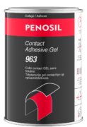Boîte de colle PENOSIL Contact Adhesive Gel 963, une colle gel sans toluène. L’emballage noir et rouge présente le nom du produit et ses caractéristiques principales : prise rapide, résistance à l’humidité, adhérence multi-supports. L’image sur la boîte illustre une application de type stratifié ou revêtement. Les textes sont en français et néerlandais.