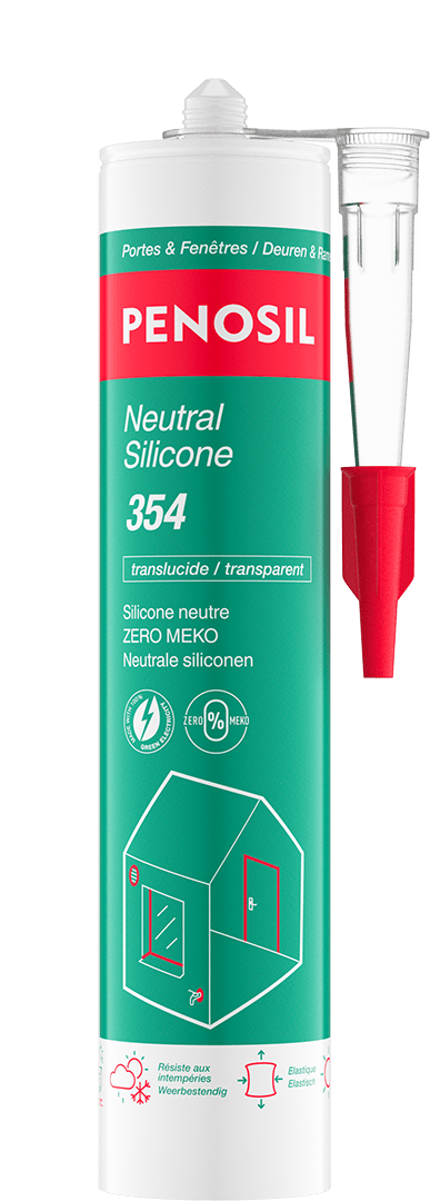 Cartouche de silicone neutre sans meko blanche avec une canule blanche et un bouchon rouge. L'étiquette du produit est verte avec le nom, la marque et les caractéristiques du produit.
