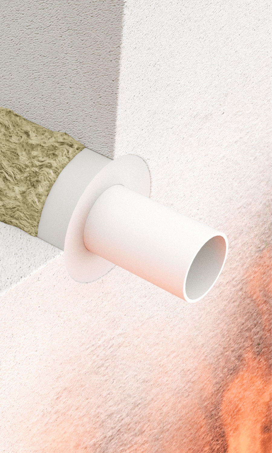 Close view of Penosil fireproofing solution, PVC pipe penetration filled with intumescent acrylic sealant
