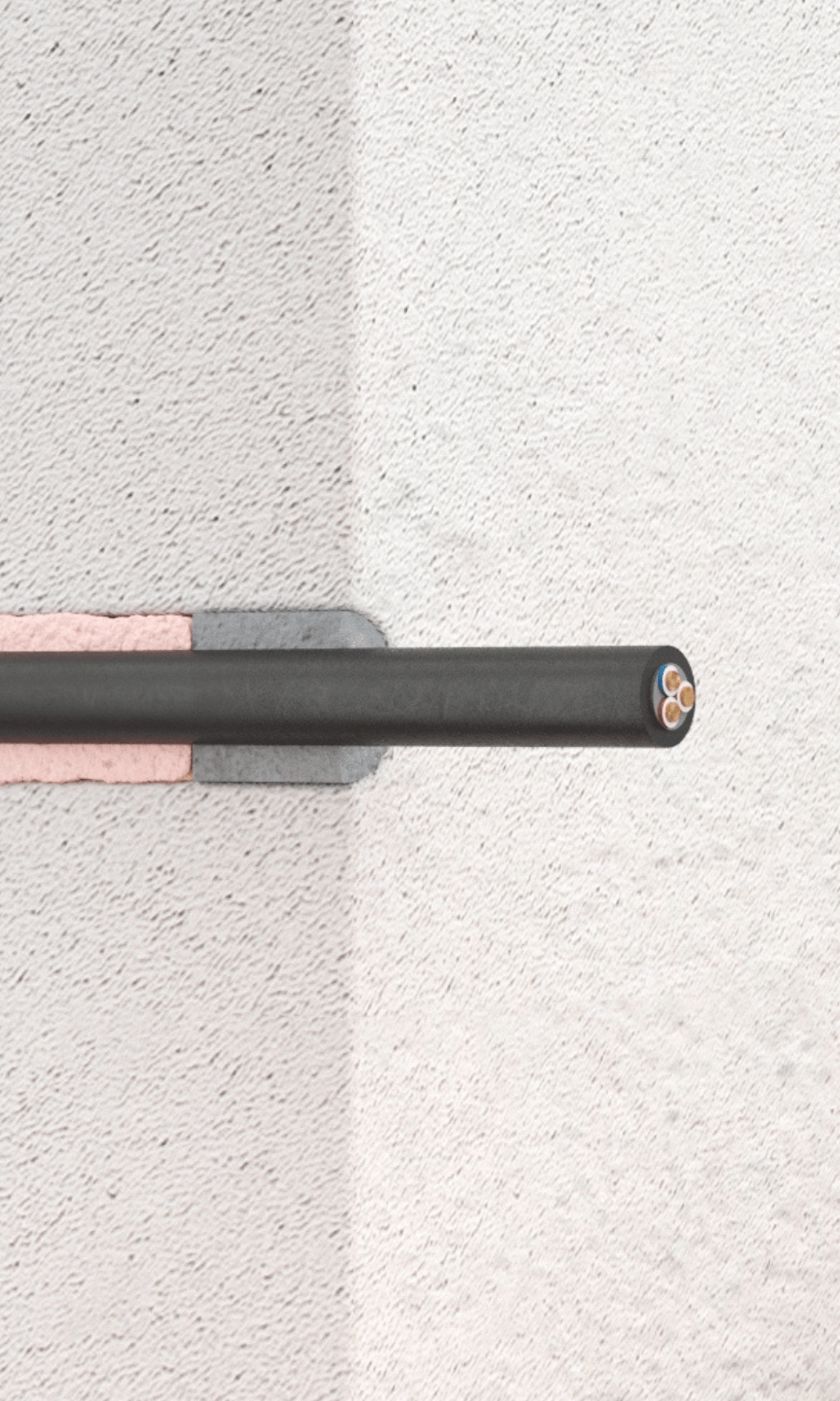Close view of Penosil fireproofing solution, cable penetration filled with intumescent graphite sealant