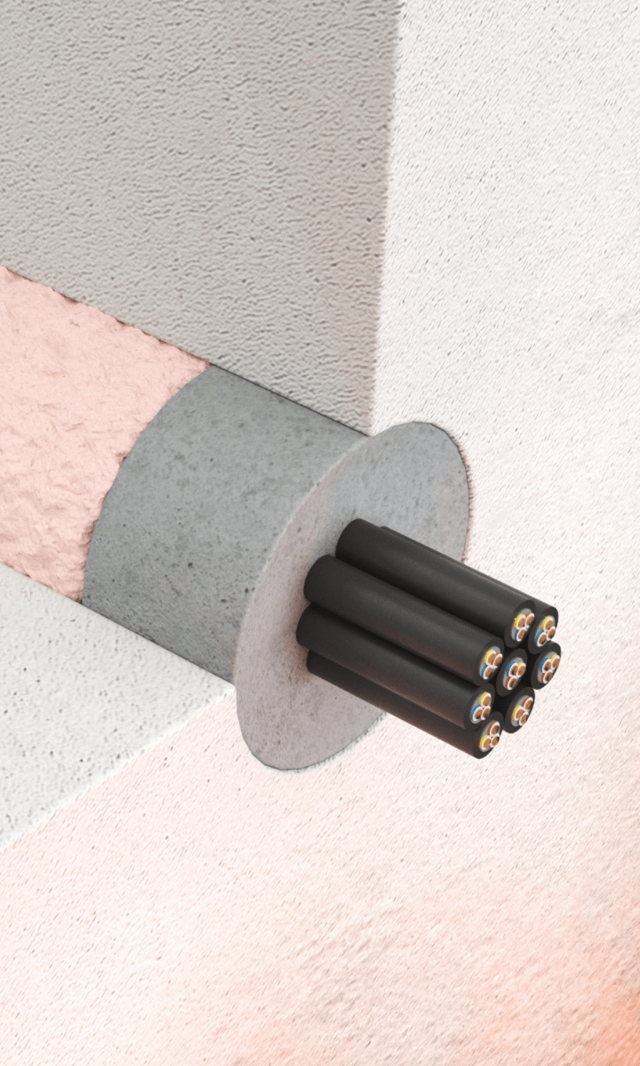 Close view of Penosil fireproofing solution, cable bundle penetration filled intumescent graphite sealant