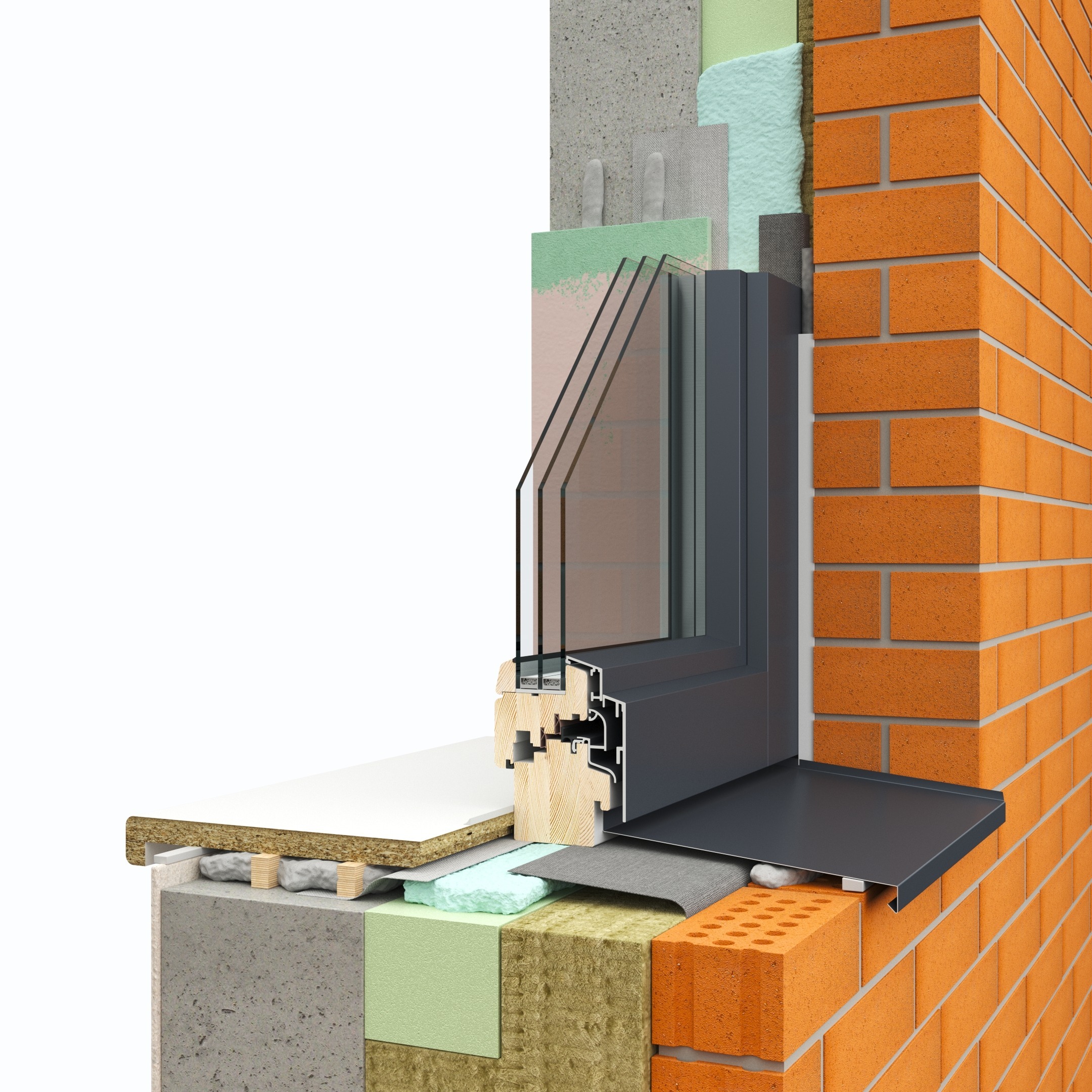 Window solution for ventilated brick facade system