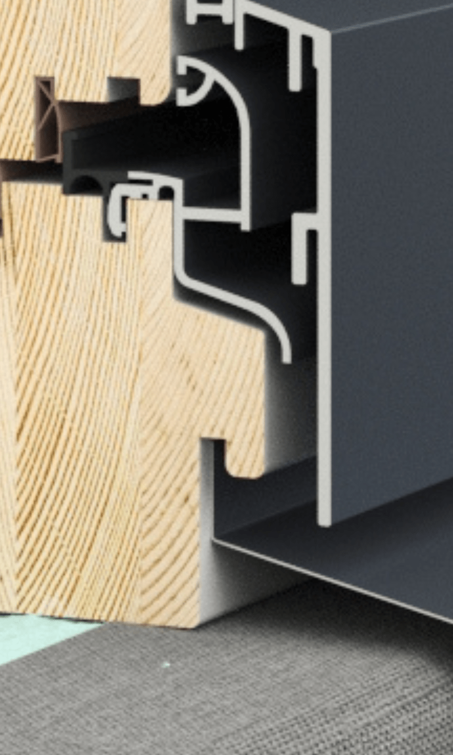 Close up view of sealing window tins on wooden facade system